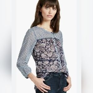 Lucky Brand S Mixed Print Peasant Sheer Metallic Floral Print Boho Top